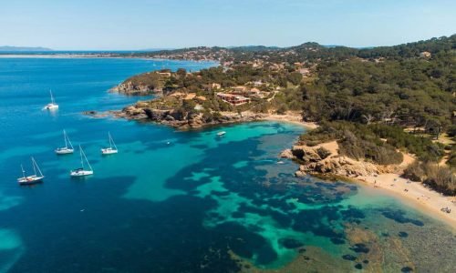 Aerial view of Giens beach, near Porquerolles Island in Var
